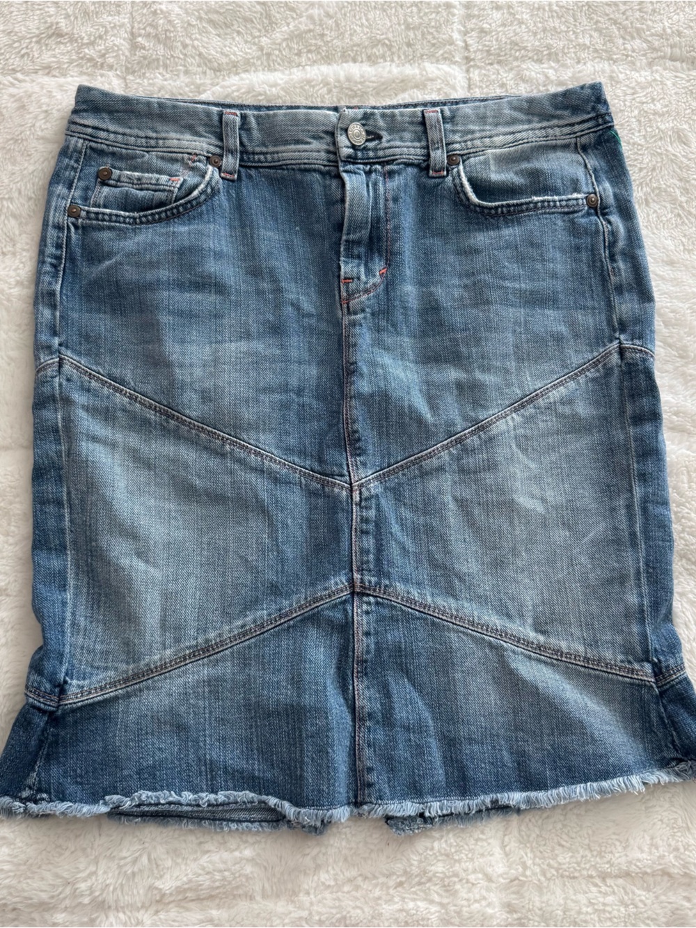 7 for all mankind Washed Blue Denim Midi Skirt with Frayed Hem